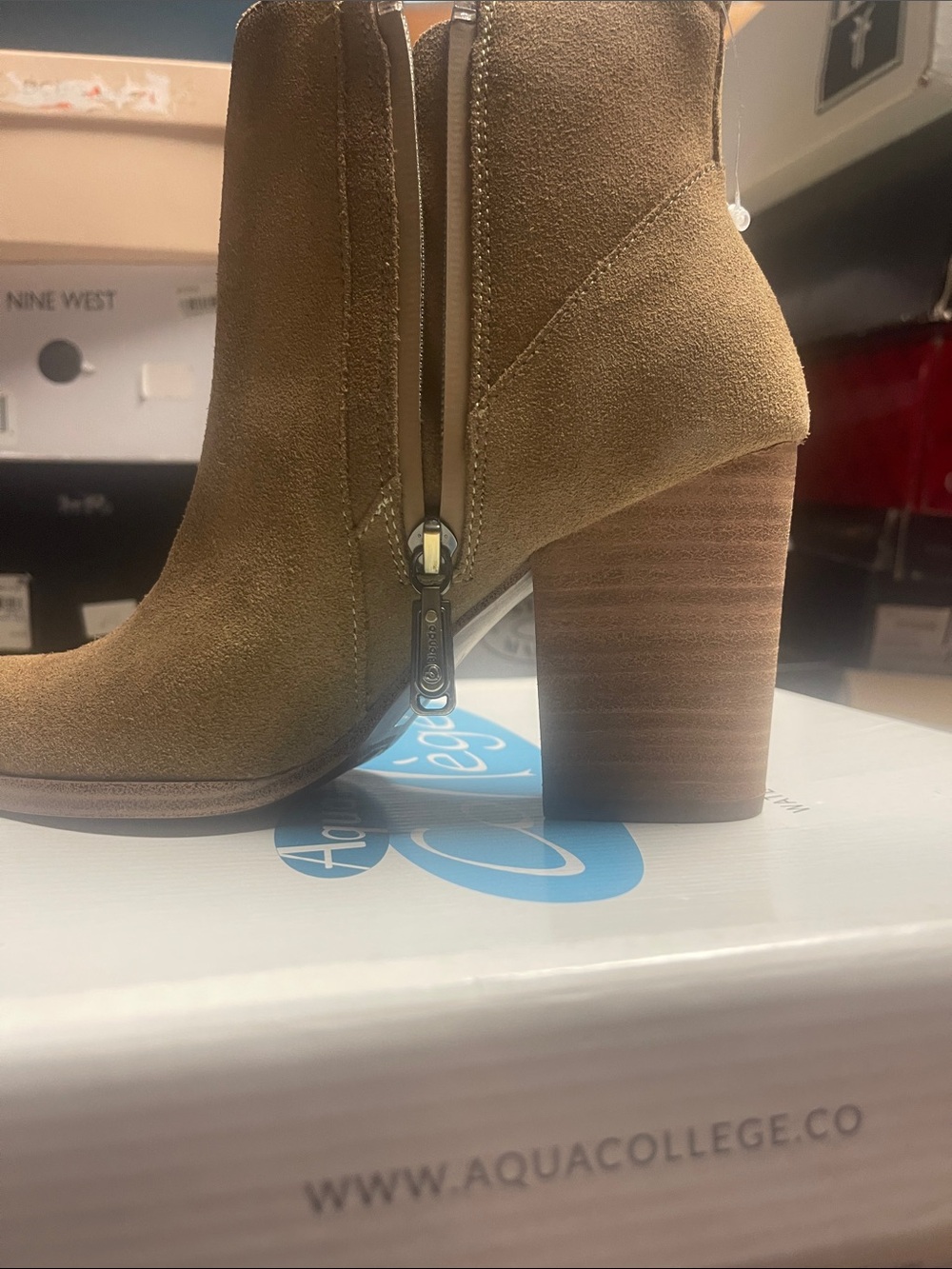 Aqua Suede Stacked Block Heel Ankle Boots - Brown